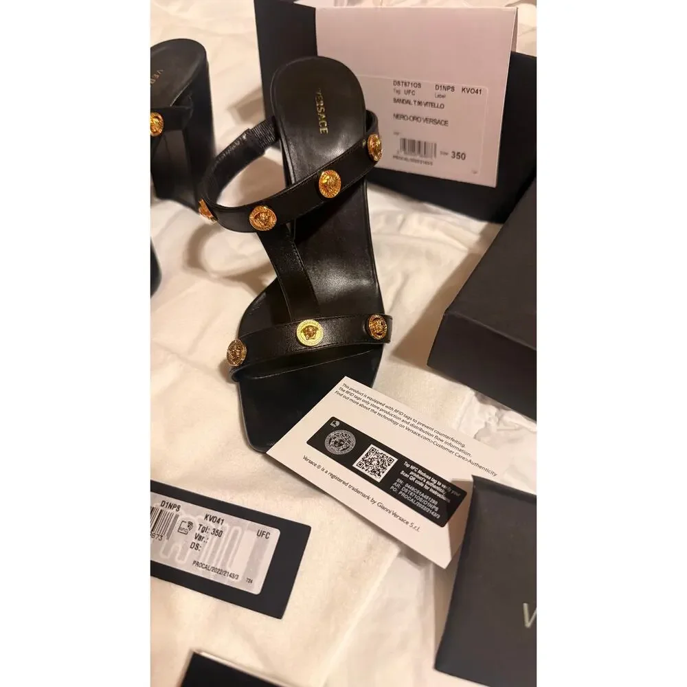 Authentic Versace Medusa Leather Heels Black Gold Block Heel Sandals Size 35